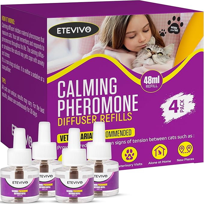 Cat Calming Pheromone Diffuser 4 Pack Cat Calming Diffuser Refills Anxiety Relief Comfort for Cats Reduce Fighting Spraying and Scratching 120 Days Long Lasting Serenity-PawvioPets
