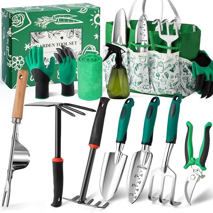 Garden Tool Set for Women, 12pcs Heavy Duty Gardening Tools, Cute Gardening Supplies Gifts for Women Mom, Garden Hand Tools with Fashion Organizer Handbag, Garden Tools for Gardening, Planting, Green-PawvioPets