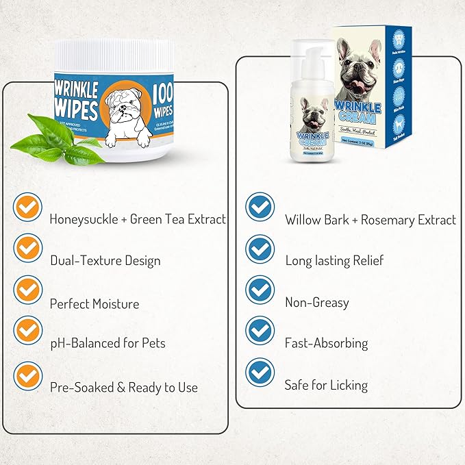Bulldog Wrinkle Wipes & Cream Bundle - Deep Cleaning Wrinkle Wipes + Soothing Dog Wrinkle Cream - Hypoallergenic for Bulldogs, Pugs, Frenchies (100 Wipes + 85g Cream)-PawvioPets