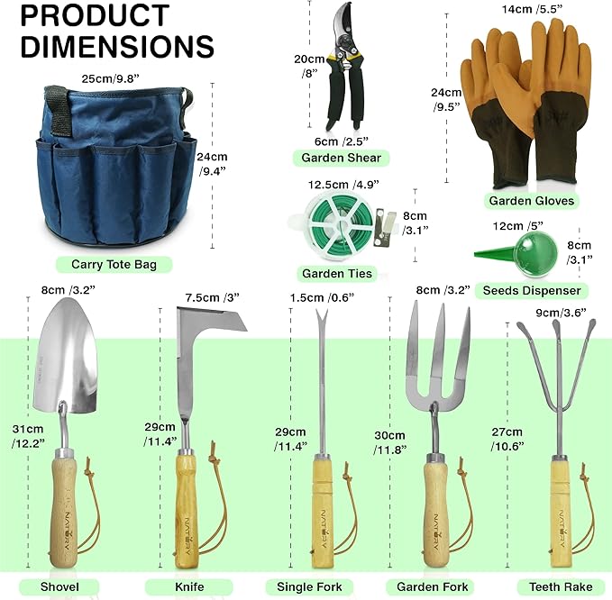 Garden Tools Set – Premium Stainless Steel Gardening Hand Tools with Solid Beechwood Handle – Gardening Kit with Rake, Shovel, Gloves, Shears, Tool Organizer – Garden Gifts for Women and Men-PawvioPets