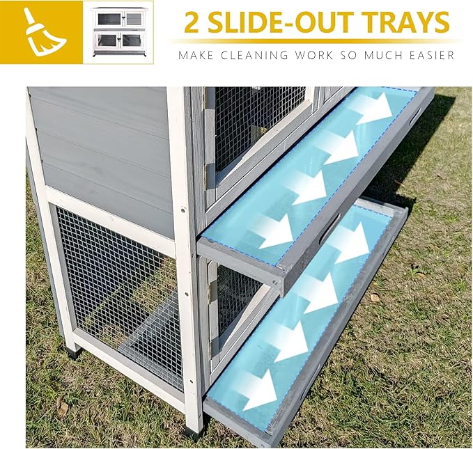 2 Story Solid Wood Rabbit/Bunny Hutch with 2 Large Main Rooms, Indoor Outdoor Rabbit House Guinea Pig Cage Pet House for Small Animals with Ventilation Door Removable Tray Waterproof Roof (Grey)-PawvioPets