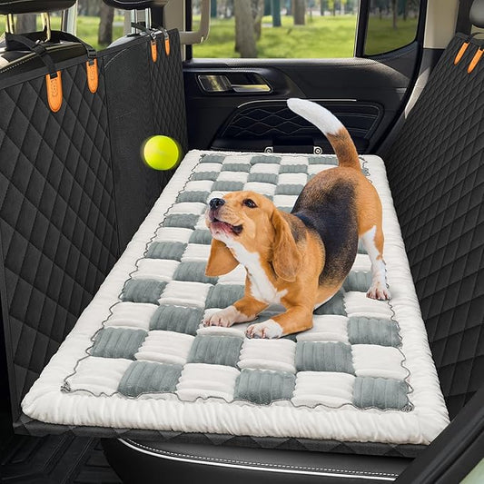 Backseat Pet Bed Mat, Non-Slip Plaid Dog Bed for Car Back Seat, Flannel Backseat Dog Bed, Fit for Backseat Extenders and Trucks SUVs (Bluegrey&White, 24.8x54 inch)-PawvioPets