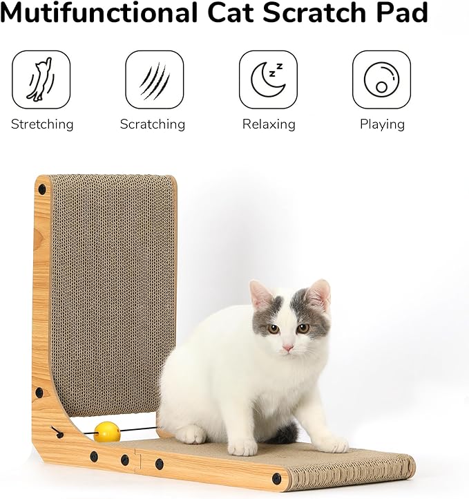 FUKUMARU Cat Scratcher, 18.9 Inch L Shape Cat Scratch Pad, Vertical Cat Scratcher Wall Mounted, Cat Scratching Cardboard with Ball Toy for Indoor Cats-PawvioPets