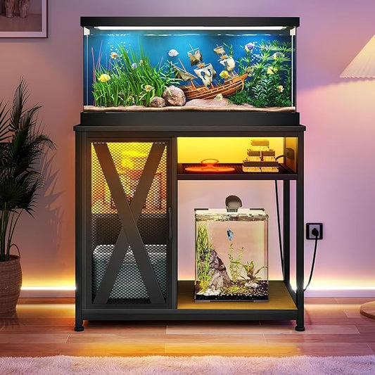 DWVO 40-50 Gallon Aquarium Stand with Power Outlets & LED Light, Cabinet for Fish Tank Accessories Storage - Metal Fish Tank Stand Suitable for Turtle Tank, Reptile Terrarium, 660LBS Capacity, Black-PawvioPets
