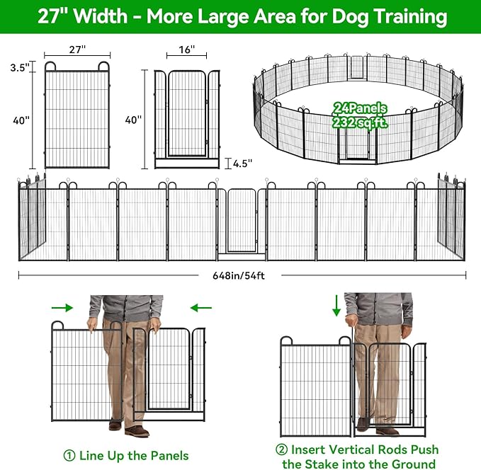 Dog Playpen Outdoor 24 Panels Heavy Duty Dog Fence 40" Height Anti-Rust with Doors Portable for RV Camping Yard, Total 54FT, 227 Sq.ft, Snowy Black-PawvioPets