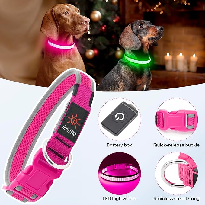 Flashseen LED Dog Collar, USB Rechargeable Light Up Dog Collar Lights, Adjustable Comfortable Soft Mesh Safety Pet Collar for Small, Medium, Large Dogs (Large, Candy Pink)-PawvioPets