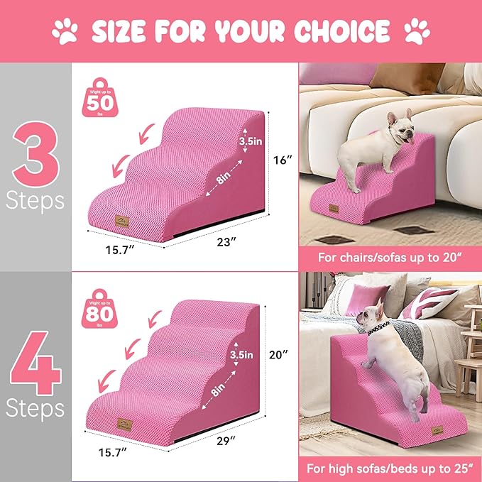 Dog Ramp and Stair for Bed 16" H-20 H,3-Step Cat Stair for Sofa and Chair,4-Step Dog Ramp for High Bed and Window,Durable Nonslip Fabric Cover for Indoor (Pink-20 H, Pet Friendly, 4)-PawvioPets