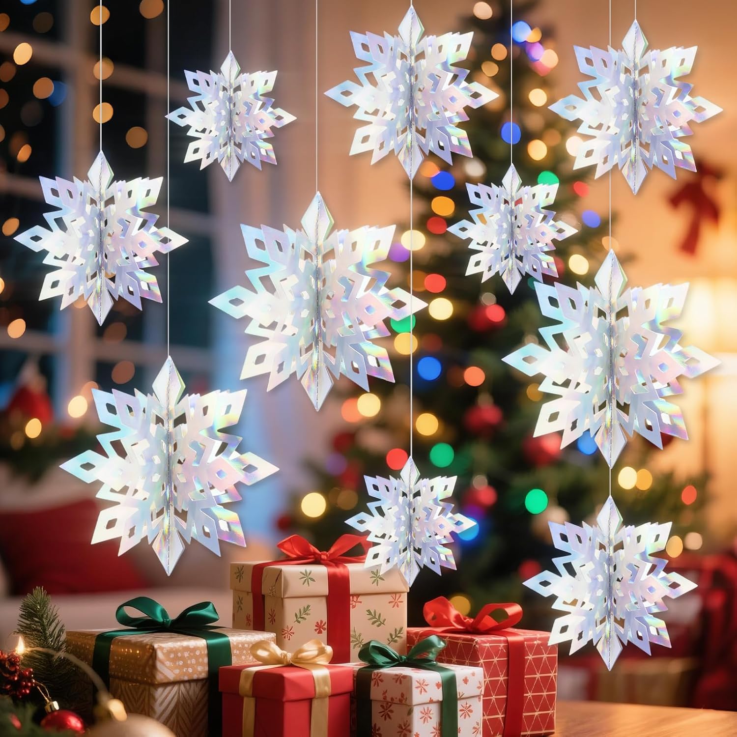 Benbilry 3D Hanging Snowflake Decorations for Christmas Tree, 24pcs 3 Size Winter Wonderland Decorations for Frozen Birthday Party, Christmas Home Decor - Iridescent