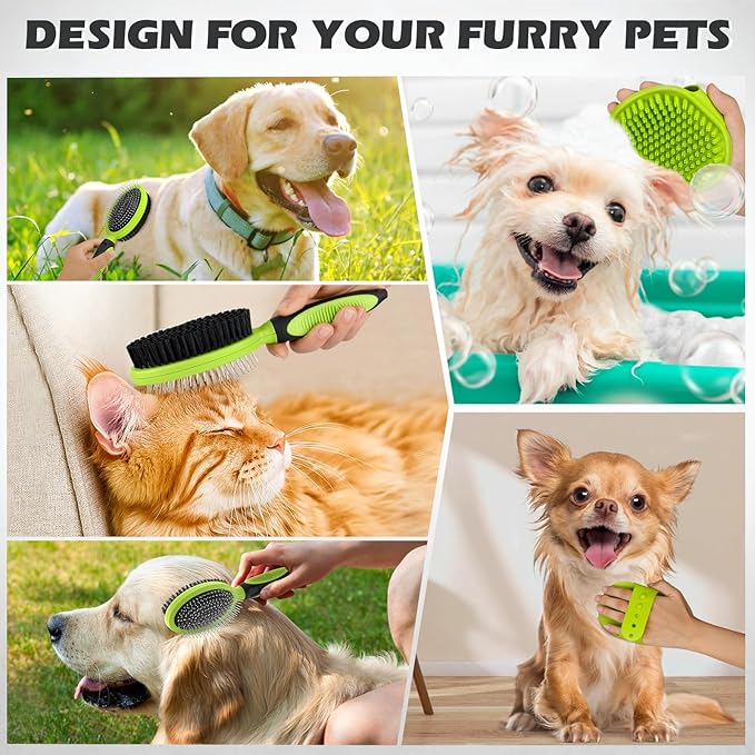2PCS Pet Grooming Tools - Double-Sided Brush for Shedding and Bathing, Suitable for Short/Long Haired Dogs Cats and Horses, Deshedding Dog Brush, Mane & Tail Combs for Horses - Pet Supplies (Green)-PawvioPets