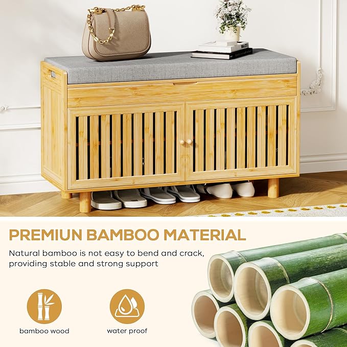 Coat Rack Shoe Bench Set, Bamboo Shoe Storage Bench with Seat Cushion & 5 Hooks, Hall Tree Entryway Bench with Lift Top Hidden Storage, 35.4" W x 12.6" D x 19.7" H, for Entryway, Living Room, Bedroom-PawvioPets