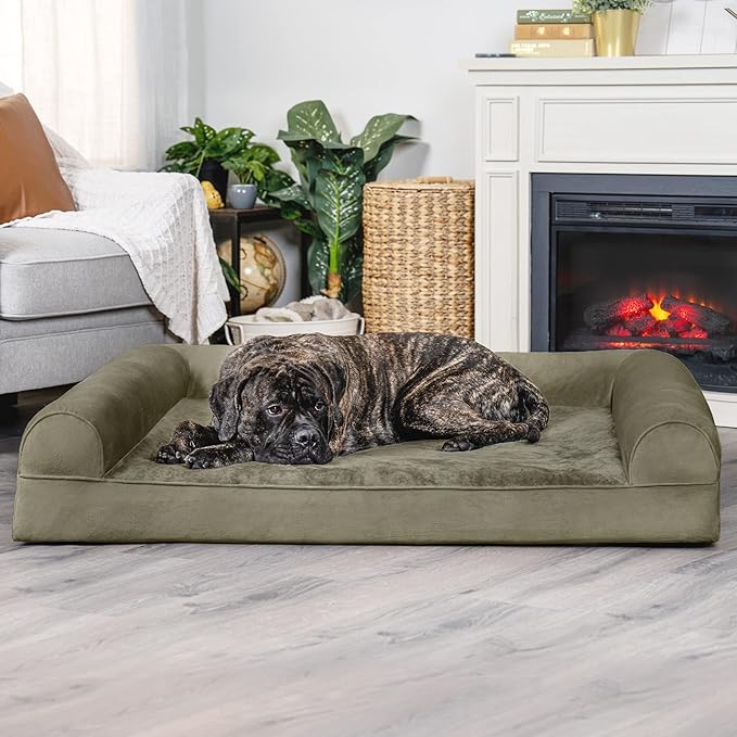Furhaven Orthopedic Dog Bed for Large Dogs w/ Removable Bolsters & Washable Cover, For Dogs Up to 125 lbs - Faux Fur & Velvet Sofa - Dark Sage, Jumbo Plus/XXL-PawvioPets