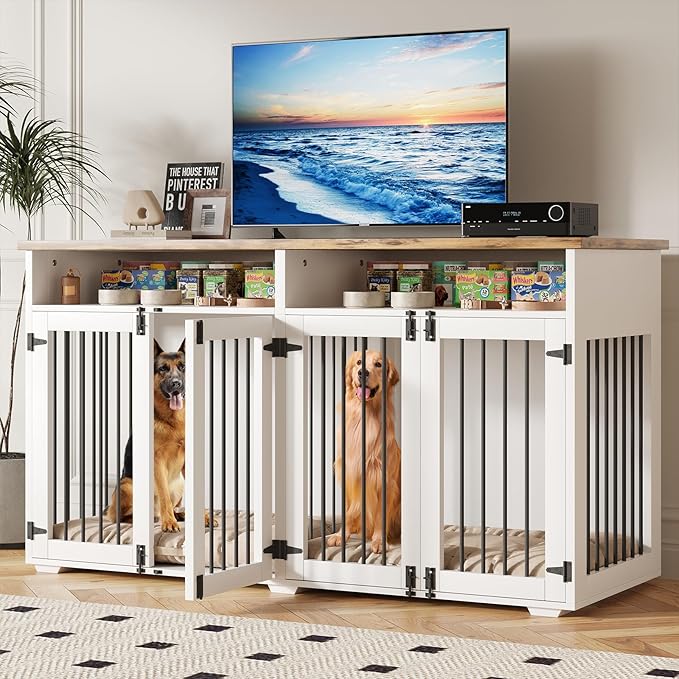 63'' Dog Crate Furniture for 2 Dogs, Wooden Dog Cage with Storage Compartment, Indoor Dog Kennel with 4 Doors for Large/Medium Dogs, White-PawvioPets