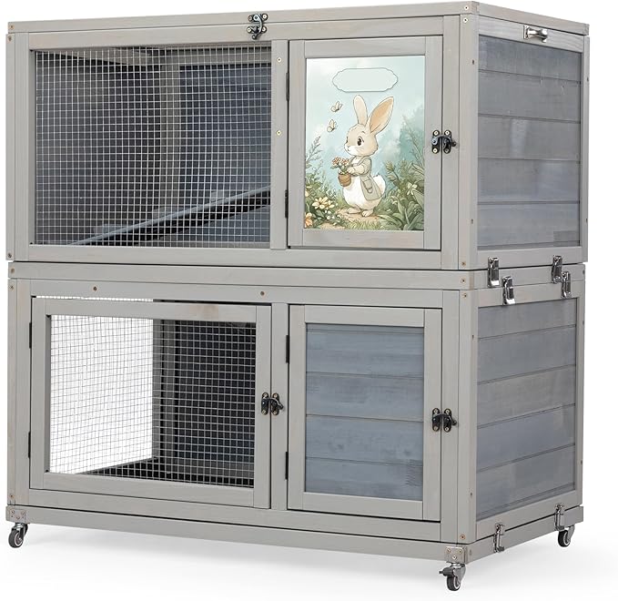 2-Story Wooden Rabbit Hutch for Outdoor & Indoor, Bunny Cage Rabbit House with Wheels, Trays, Ramp, Pet Home for Guinea Pigs, Chickens, Chicken Coop, Gray with Colorful Patterns-PawvioPets
