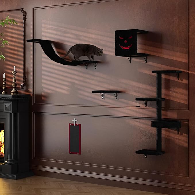 COZIWOW Wall-Mounted Cat Tree | Space-Saving Feline Furniture with Multiple Levels | Durable Scratch Post for Indoor Cats, Black&Red-PawvioPets