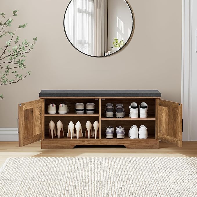 2-Tier Storage Bench, Shoe Bench with Padded Seat Cushion, Entryway Bench with 2 Barn Doors, Adjustable Shelf, 13.8" D x 39.4" W x 17.7" H, for Entryway, Living Room, Bedroom, Rustic Walnut-PawvioPets