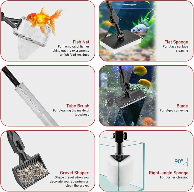 6 in 1 Aquarium Cleaning Tool Kit Fish Tank Algae Scraper, Sponge Pad, Fish Net, Gravel Rake and Cleaning Brush with Telescopic Long Handle-PawvioPets