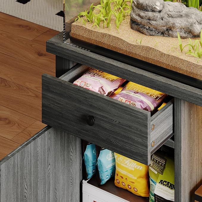 4ever2buy 55 Gallon Fish Tank Stand with LED Light & Power Outlets, 55-75 Gallon Aquarium Stand with Drawer & Barn Door, Cabinet for Fish Tank Accessories Storage for Reptile Tank, Turtle Tank, Gray-PawvioPets