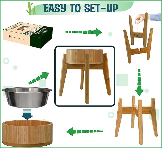 Dog Bowls Elevated, 12-inch High, 5-Cup Cap - Set of Bamboo Holder, Stainless Inner Dish and Stand - Ideal for Medium to Large Breeds - All-Detachable Parts-PawvioPets