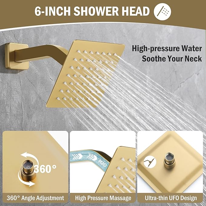 12 Inch Rain Shower System, Brushed Gold Shower Faucet Set with Push Button Diverter, 6 Inch Wall Mounted 3-Functions Bathroom Shower Systems with Dual-Function Handheld-PawvioPets