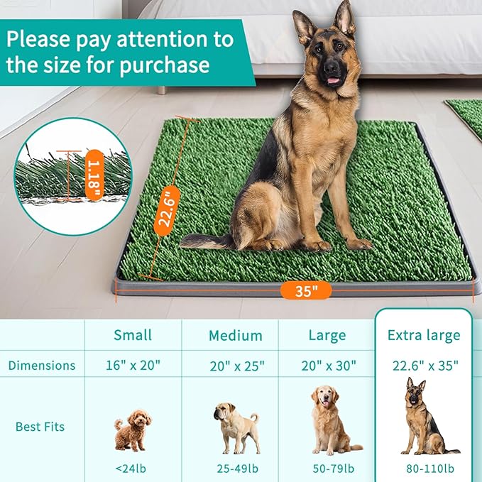 35"X22.6" Dog Grass Pad with Tray - Indoor/Outdoor Artificial Turf Potty Training Mat for Large Dogs, Portable Dog Litter Box for Balcony/Patio, Washable Reusable Pee Pad and Fake Grass for Dogs-PawvioPets
