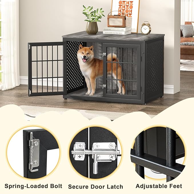 38" Heavy Duty Dog Crate Furniture for Large and Medium Dogs,Wooden Metal Kennel for High Anxiety Dogs, Chew Proof Pet Cage Indoor, Decorative Dog Kennel End Table-PawvioPets