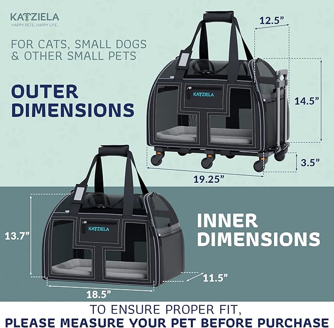 Airline Compliant Pet Carrier - Rolling Portable Travel Carry Crate for Small Dog, Puppy or Cat - Soft Removable Wheeled Design with Mesh Window Sides - Airplane and TSA Compliant- by Katziela-PawvioPets