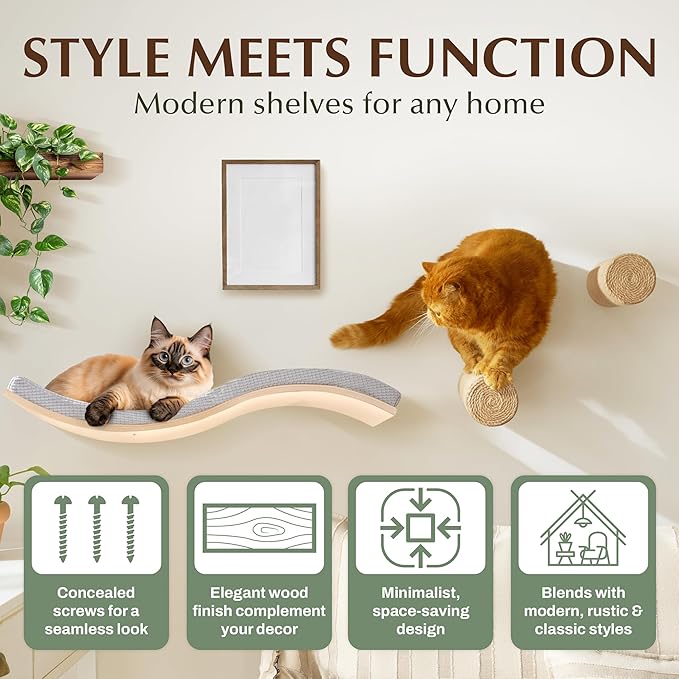 Extra Large 35.4” × 11.6” Stylish Cat Wall Shelves with Soft Cushion, Modern Wall-Mounted Cat Tree Furniture & Perch, Sturdy/Hidden Mounts, Machine Wash Cover, Sleek Design- CALLICO HAVEN Wave S-Shape-PawvioPets