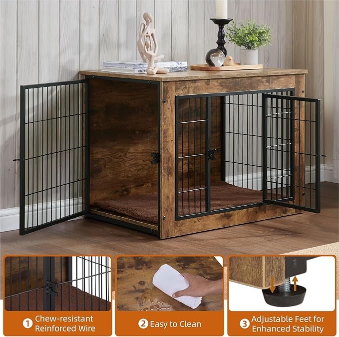 FLEXIMOUNTS Dog Crate Furniture with Cushion, Wooden Dog Kennel Furniture, Heavy Duty Dog Cage, 40" Dog Kennel with Double Doors, L-PawvioPets