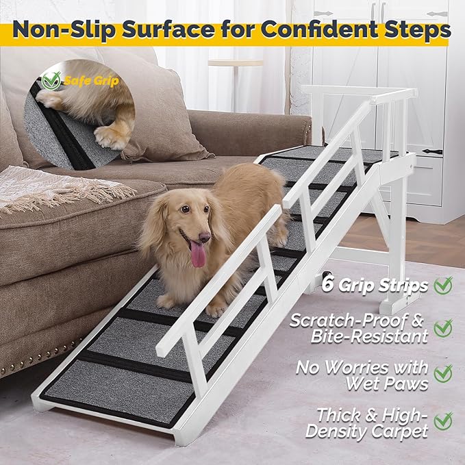Dog Ramp for Bed or Couch, Wooden Pet Ramp with 20° Gentle Slope, Removable Side Rails, Non-Slip Surface, Top Platform & Wheels, Safe Bed Ramp for Small, Medium & Senior Dogs, 60" Long, White-PawvioPets
