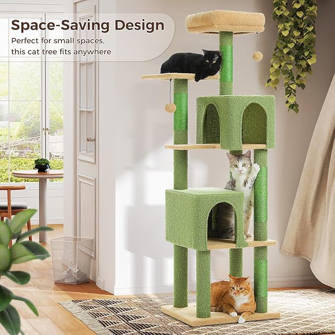 Cactus Cat Tree, 62-Inch Large Cat Tower for Multi-Cat Households w/Scratching Posts, Multi-Level Condo w/Cozy Top Perch & Scratching Pad, Padded Platform, 2 Pompoms, Green-PawvioPets