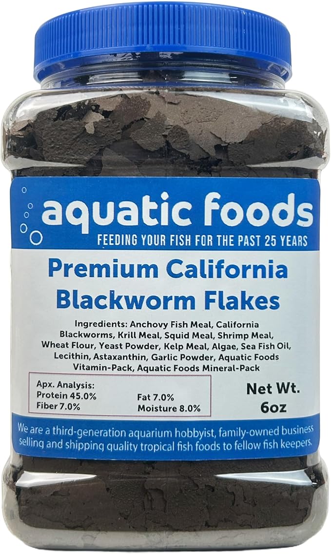 Aquatic Foods Inc. California Blackworm 45% Protein Premium Flakes for Discus, Cichlids, All Tropical Fish Also Pellet Mix, Wafer Mix Included…6oz-PawvioPets