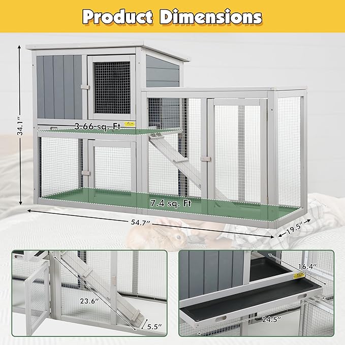 Assembled Wooden Indoor & Outdoor Rabbit Hutch, 2 Story Small Animal House Habitat, Durable Pet Bunny House Cage with Cleaning Tray, for Bunny Chick Duck Hamster (Grey)-PawvioPets
