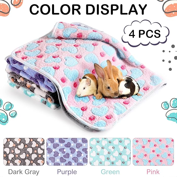 4 Pcs Waterproof Guinea Pig Blankets Washable Small Animal Fleece Bedding Absorbent Guinea Pig Cage Liners Reusable Pet Pee Pad Sleep Mat Pad Cover for Hamster Ferret (Heart Pattern,24 x 47 Inch)-PawvioPets