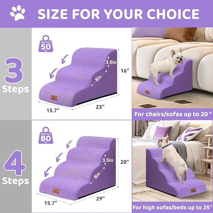 Dog Ramp and Stair for Bed 16" H-20 H,3-Step Cat Stair for Sofa and Chair,4-Step Dog Ramp for High Bed and Window,Durable Nonslip Fabric Stair for Indoor (Purple-16 H, Pet Friendly, 3)-PawvioPets