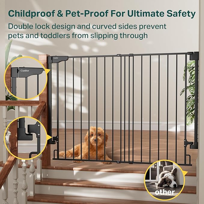 Cumbor 34" Extra Tall No Bottom Bar Baby Gate for Stairs, Auto Close Dog Gate Indoor for Larger Pets, 31.6-48" Hardware Mounted Safety Gate for Doorways, Wide Walk Thru Door for Easy Access (Black)-PawvioPets