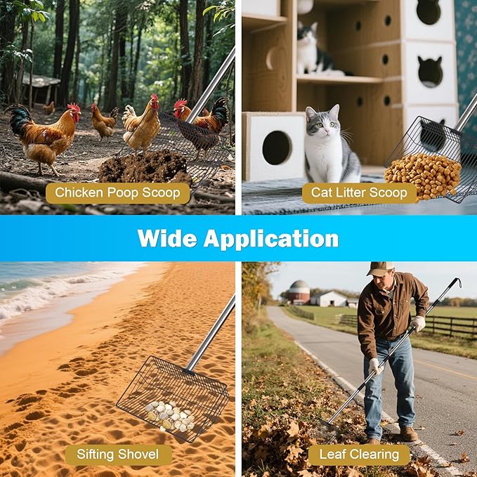 10inch Large Metal Chicken Poop Scooper,32 to 67" Adjustable Long Chicken Coop Litter Scoop,Heavy Duty Sifting Shovel for Chicken Coop & Pet Waste Cleaning-PawvioPets