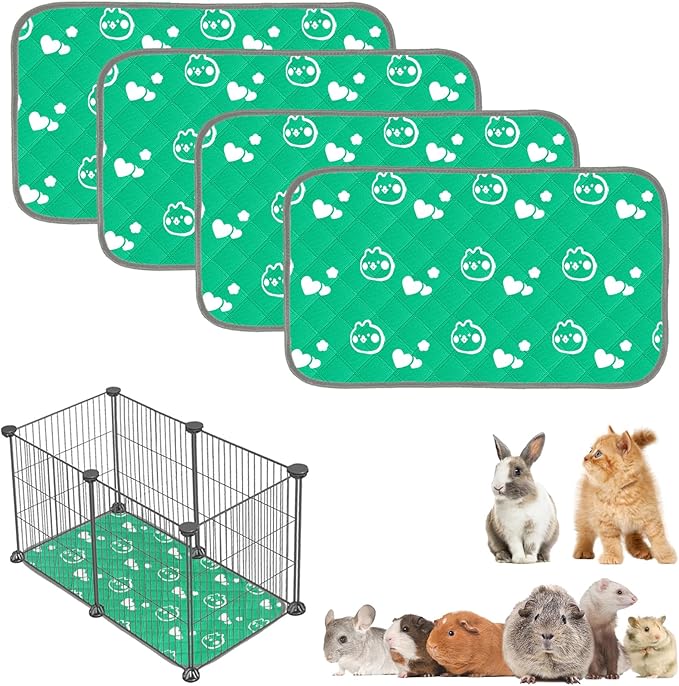 4 Pack Guinea Pig Bedding - Washable Guinea Pig Liners for C&C 2x1 Cage, Waterproof Reusable & Anti Slip Pee Pads Super Absorbent Mats for Small Animal Rabbit Hamster Rat (Green, 28 x 14 Inch)-PawvioPets