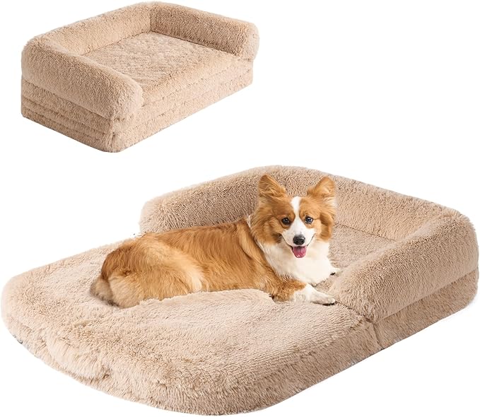 EHEYCIGA Foldable XL Dog Bed, Faux Fur Fluffy Pet Couch Bed for Large Dogs, Orthopedic Calming Memory Foam Big Pet Bed, Washable Soft Pet Sofa Bed with Non-Slip Bottom, Camel, 46"x34"x6.5"-PawvioPets