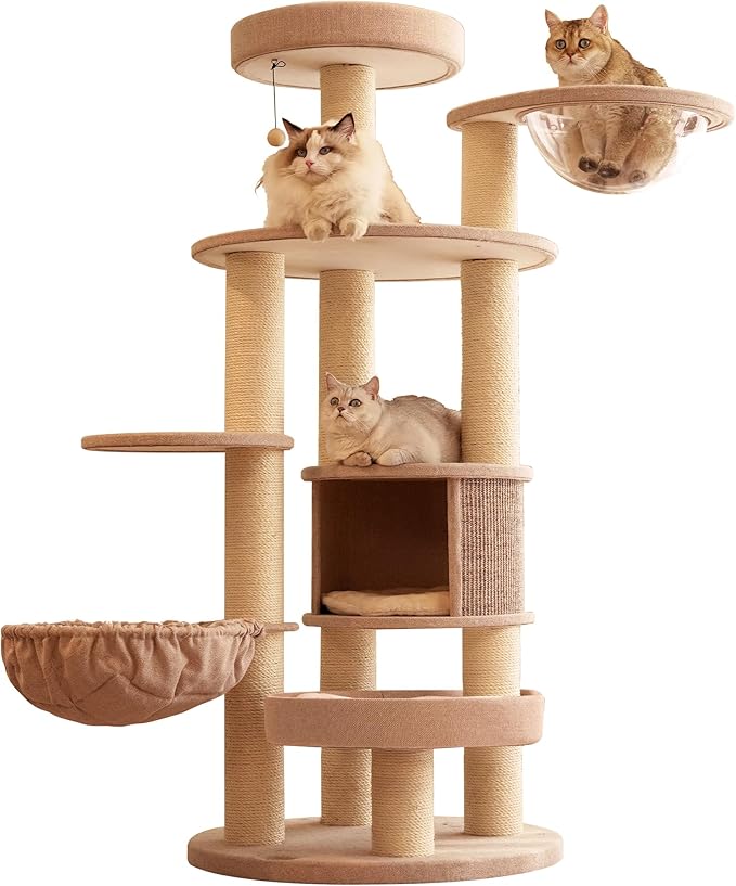Extra Large Cat Tree for Maine Coon,65 Inches Tall Cat Tree Tower for Indoor Cats Large Adult 20 lbs,XXL Heavy Duty Luxury Sturdy Cat House with Big Hammock,Sisal Scratching Post,Condo-PawvioPets