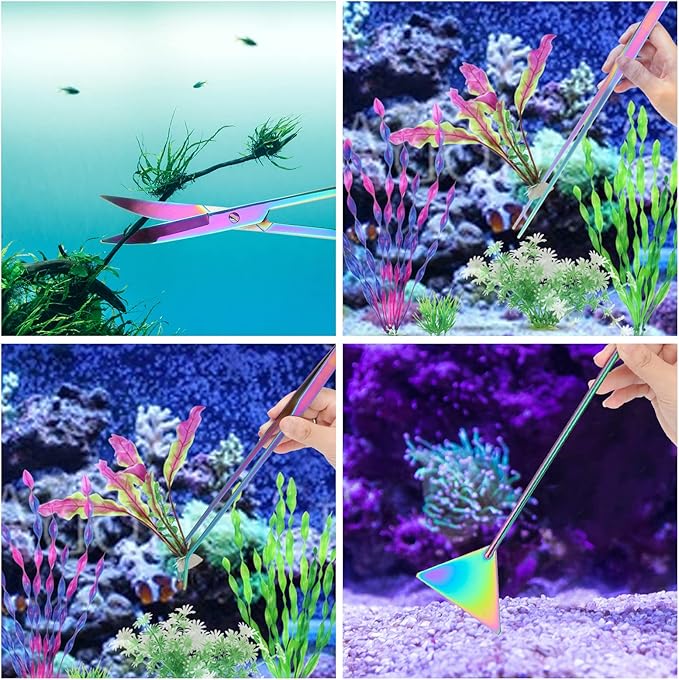 Aquarium Aquascape Tools Kit 15 in, 4in1 Anti-Rust Aquatic Plant Aquascaping Tool Stainless Steel Silver Tweezer Scissors Spatula for Aquarium Tank Clean (15in, Colorful)-PawvioPets