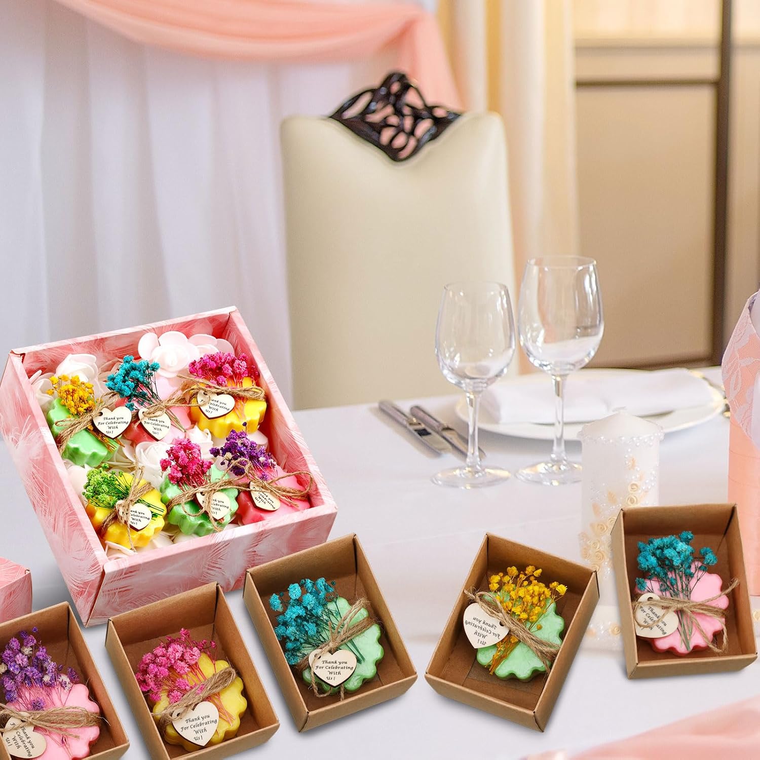 Kigeli Set of 45 Soap Favors DIY Bridal Shower Favors Bulk Wedding Soap Gifts Baby Shower Scented Soap Favors Natural Handmade Soap Bars for Wedding Bridal Shower (Green, Yellow, Red, Flower)