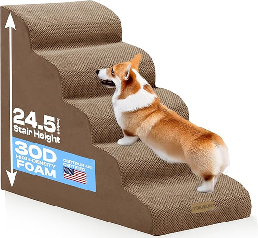 Dog Stairs for High Beds Up to 26-30", 5-Step Foam Pet Ramp with Washable Cover, Gentle Slope Steps, Bed & Couch Ladder for Small Medium Dogs & Senior Cat, Puppy Stairs to Get on Tall Furniture-PawvioPets