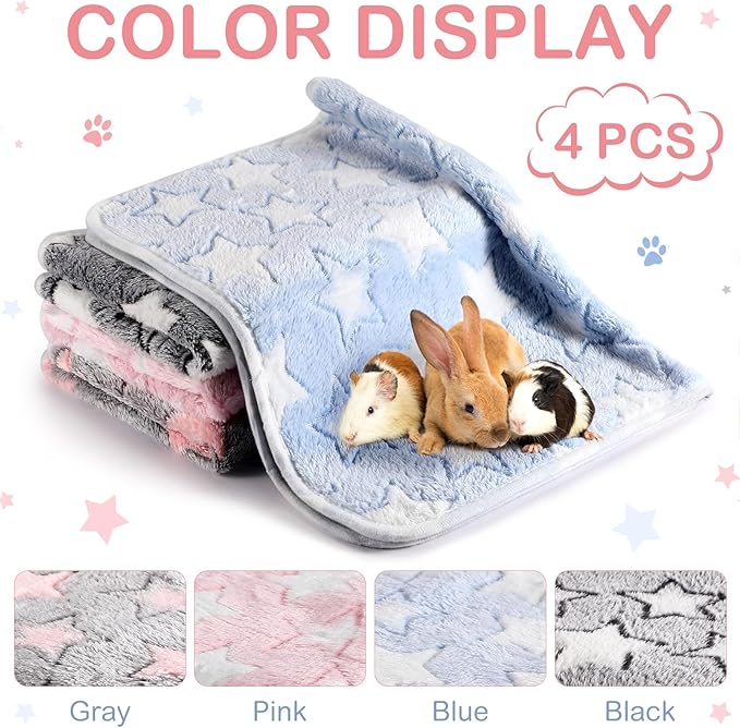 4 Pcs Waterproof Guinea Pig Blankets Washable Small Animal Fleece Bedding Absorbent Guinea Pig Cage Liners Reusable Pet Pee Pad Sleep Mat Pad Cover for Hamster Ferret (Cute Star Pattern, 24 x 16 Inch)-PawvioPets
