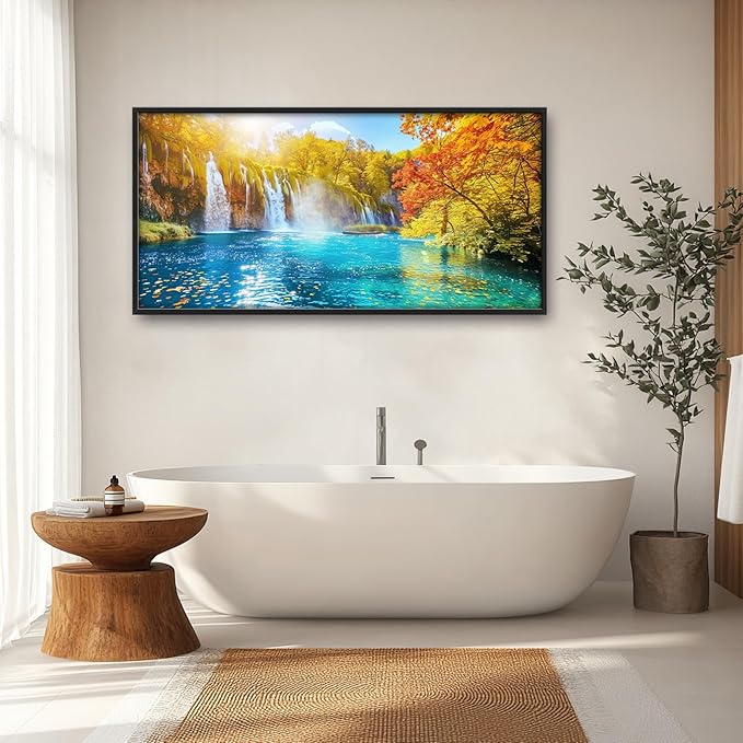 Extra Large Waterfall Lake Framed Wall Art for Living Room,Oversized Fall Autumn Tree Landscape Pictures Wall Decor,Nature Canvas Print Painting Modern Artwork Bedroom Office Bathroom 60L" x 30W"-PawvioPets