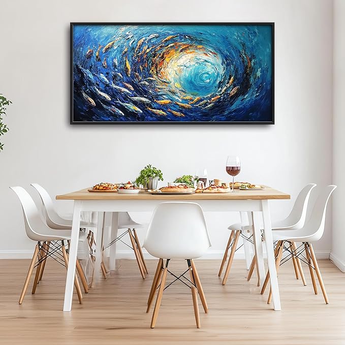 Extra Large Framed Abstract Ocean Fish Wall Art,Oversized Blue Sea Nautical Fish Wall Decor Pictures for Living Room,Canvas Print Painting Modern Artwork Bedroom Office Bathroom Home Decor 60L x30W-PawvioPets