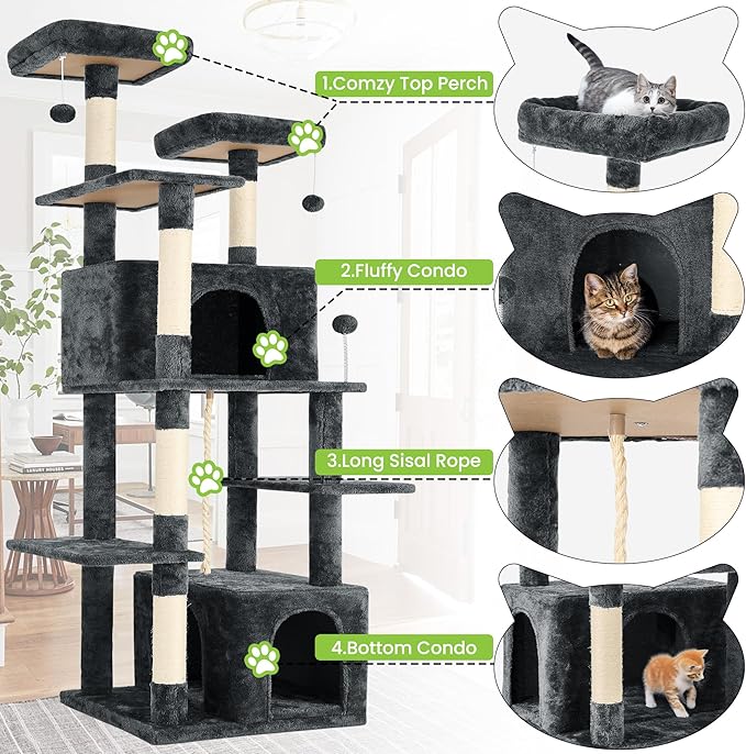 69in Large Cat Tree Tower for Indoor Cats with Soft Plush Hang Ball, Two Condos, Sisal Scratch Posts & Rope Play for Kittens/Adult Cats, Deep Grey-PawvioPets