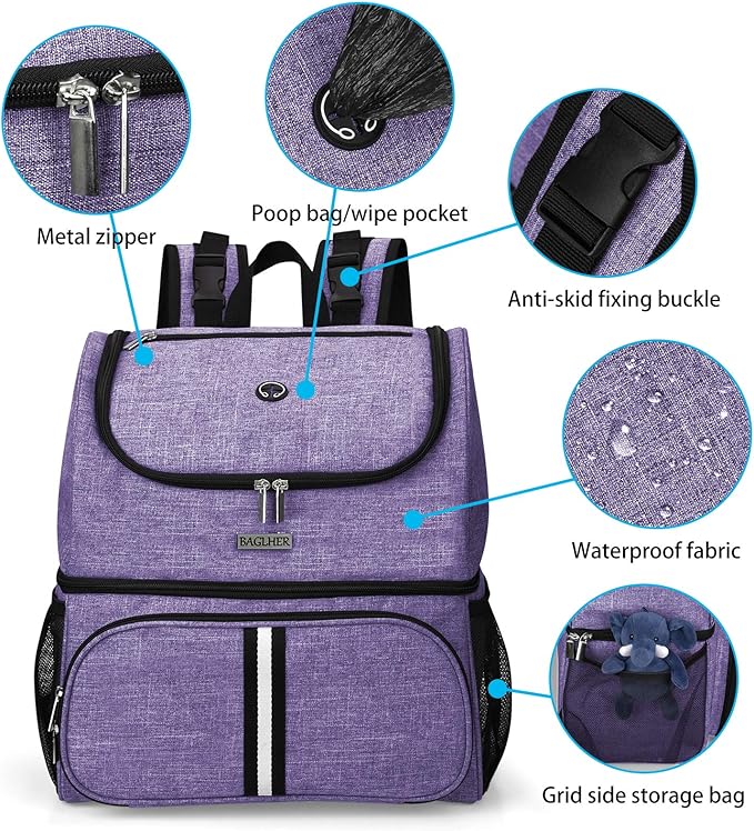 BAGLHER Pet Travel Bag, Double-Layer Pet Supplies Backpack (for All Pet Travel Supplies), Pet Travel Backpack with 2 Silicone Collapsible Bowls and 2 Food Baskets Purple-PawvioPets