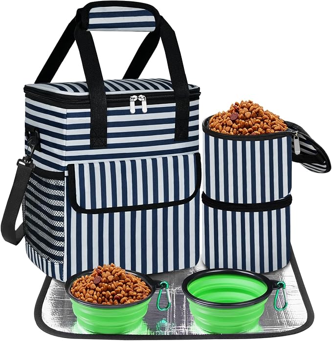 Dog Travel Bag for Camping - Pet Travel Accessories with 2 Collapsible Bowls, 2 Food Containers & Waterproof Feeding Mat - Portable Dog Carrier, Stripe (Small)-PawvioPets