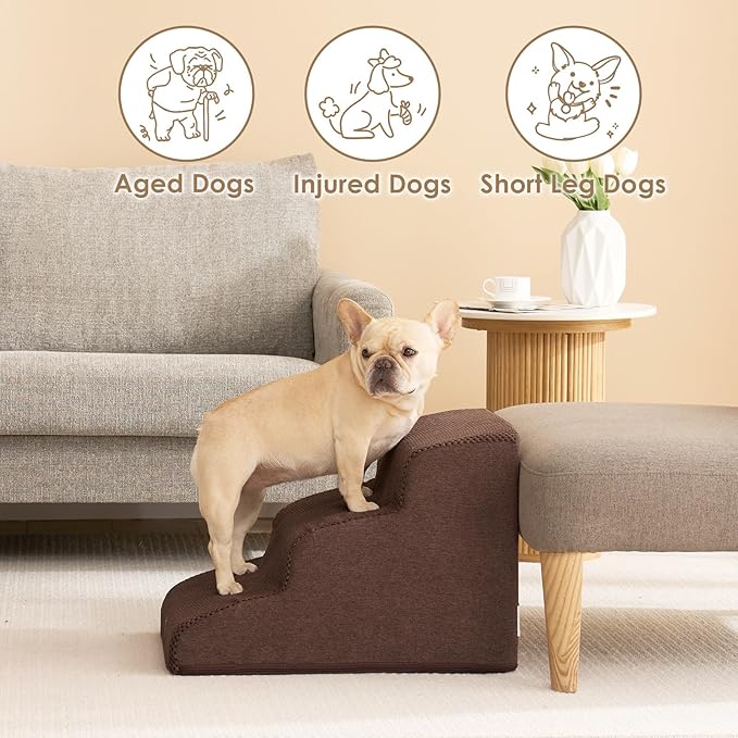 EHEYCIGA Curved Dog Stairs Ramp for Small Dogs 15.7" H, 3-Step Dog Steps for Couch Sofa and Chair, Pet Stairs for Cats, Non-Slip Balanced Pet Steps Indoor, Brown-PawvioPets