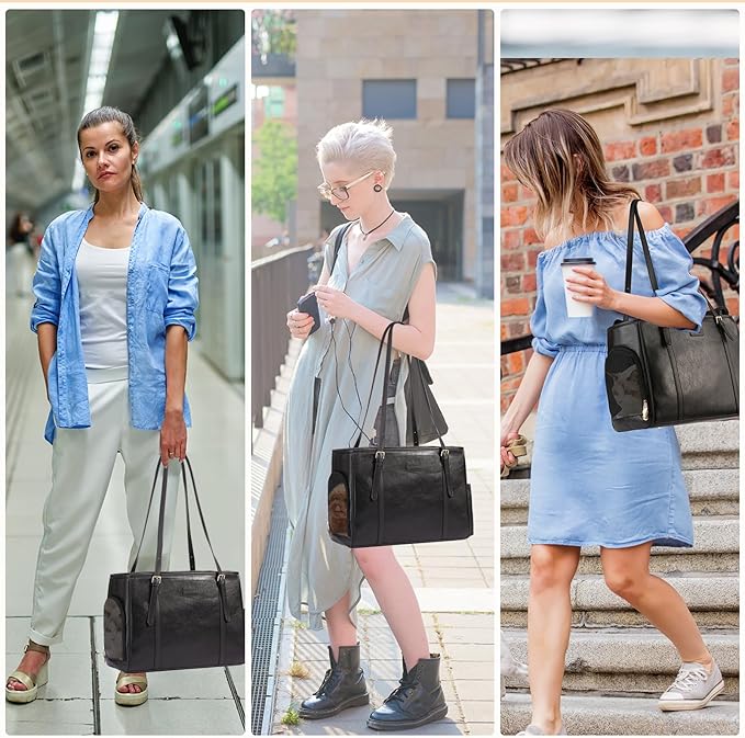 Fashion Dog Purse Pet Carrier Leather Bag for Small Dogs Cats Puppy, Portable Tote Bag Airline Approved Soft-Sided Carriers (Black)-PawvioPets